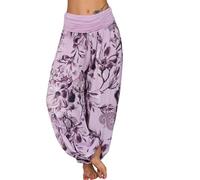 Womens Italian Lagenlook Floral Print Viscose Boho Harem Ali Baba Trouser Pants Joggers Women's High Waist Loose Casual Wide Leg Plus Size Women's Trousers Pants Purple