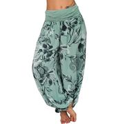Womens Italian Lagenlook Floral Print Viscose Boho Harem Ali Baba Trouser Pants Joggers Women's High Waist Loose Casual Wide Leg Plus Size Women's Trousers Pants Green