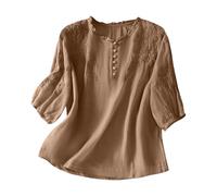 Women's Italian Linen Tunic Tops UK Ethnic Boho Embroidery T-Shirt Elegant V Neck Lantern 3/4 Sleeve Tee Shirts Casual Loose Cotton Lagenlook Going Out Blouses Sale Clearance Brown