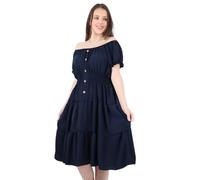 Womens Italian Off The Shoulder Tiered Midi Dress Ladies Elasticated Shirred Waist Bardot or Round Neck Styles Navy One Size UK 8-20