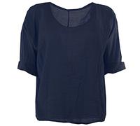 Womens Italian Quirky Lagenlook Plain Linen Comfy Casual Ladies Blouse Crop or Hip Top Plus Sizes Navy