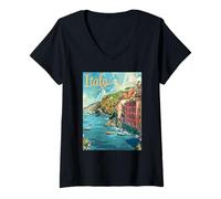 Womens Italy Charming Seaside Landscape V-Neck T-Shirt