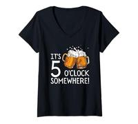 Womens It's 5 O'clock Somewhere Beer Drinks Happy Hour V-Neck T-Shirt