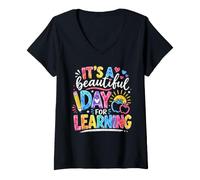 Women's It's A Beautiful Day for Learning Tie Dye Back to School V-Neck T-Shirt
