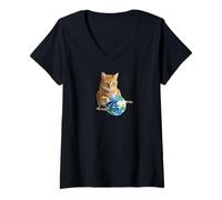 Womens It's a Cat's World 2! Tabby cat Playing with Earth Ball. V-Neck T-Shirt
