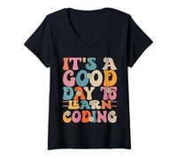 Womens It's a Good Day To Learn Coding Retro Teacher Students V-Neck T-Shirt