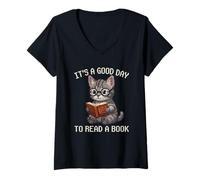 Women's It's A Good Day to Read A Book Cat Pixel Art V-Neck T-Shirt