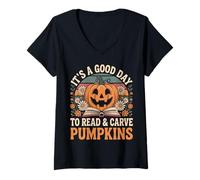 Womens It's a Good Day to Read & Carve Pumpkins Design V-Neck T-Shirt