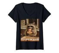 Women's It's a Good Day to Smile Racoon Eating Pizza Design V-Neck T-Shirt