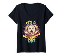 Women's It's a Jackapoo Day Cartoon Mix Breed Dog Poodle Terrier V-Neck T-Shirt