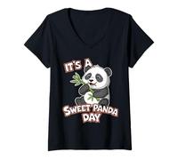Women's Its A Sweet Panda Day Cute Funny Panda Eating Bamboo V-Neck T-Shirt