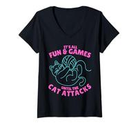 Womens It's All Fun & Games Until The Cat Attacks Funny Knitting V-Neck T-Shirt