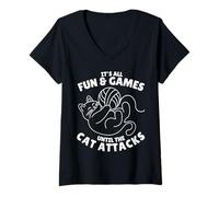 Womens It's All Fun & Games Until The Cat Attacks Funny Knitting V-Neck T-Shirt
