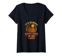 Womens It's Always Happy Hour At The Cabin Retro Camping Humor V-Neck T-Shirt
