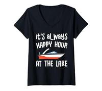 Womens It's Always Happy Hour at The Lake Lovers Boat Life Camping V-Neck T-Shirt