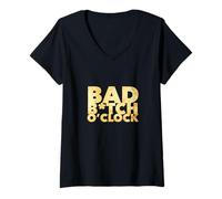 Womens It's Bad Bitch O'Clock - Women's Empowerment Black and Gold V-Neck T-Shirt