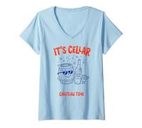 Women's It's Cellar Chateau Time Funny Wine Barrel Cork Doodle V-Neck T-Shirt