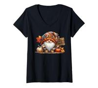Womens Its Fall Yall Autumn Gnome Stuff Falling Leaves and Pumpkin V-Neck T-Shirt