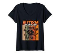 Womens It's Finally Autism Tsim Awareness Autumn Autistic Raccoon V-Neck T-Shirt