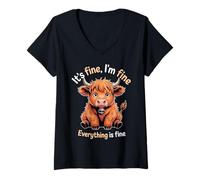 Womens It's Fine Farm Farmer Scottish Highland Cows V-Neck T-Shirt