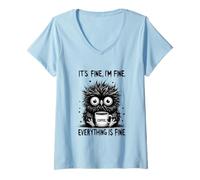 Women's Its Fine Im Fine Coffee Owl V-Neck T-Shirt
