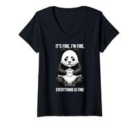 Women's Its Fine Im Fine Coffee Panda V-Neck T-Shirt