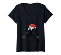 Womens It's Fine I'm Fine Everything Is Fine, Black Cat Xmas Light V-Neck T-Shirt