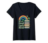 Women's Its Good Luck to Read Rainbow Reading Books V-Neck T-Shirt