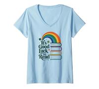 Women's Its Good Luck to Read Rainbow Reading Books V-Neck T-Shirt