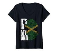 Women's It's in My DNA Jamaican Flag Fingerprint Lion and Palm Tree V-Neck T-Shirt