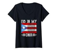 Womens It's in My DNA Puerto Rico Flag Fingerprint V-Neck T-Shirt