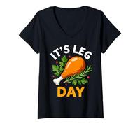 Women's It's Leg Day Funny Turkey Feast Thanksgiving V-Neck T-Shirt
