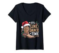 Womens It's Line Dance Time Line Dancing Santa Hat Christmas Eve V-Neck T-Shirt