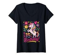 Womens It's My 15th Birthday Unicorn V-Neck T-Shirt