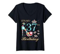 Womens It's My 37th Birthday Cute 37 Years Old Birthday Queen V-Neck T-Shirt
