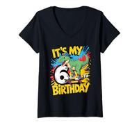 Womens It's My 6th Birthday Dinosaur Skateboard V-Neck T-Shirt