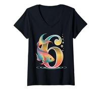 Womens It's My 6th Birthday Party Ocean 6 Years Old Sea Fish B-Day V-Neck T-Shirt