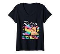 Womens Its My 9th Birthday Capybara Rainbow Funny 9 Year Old Bday V-Neck T-Shirt
