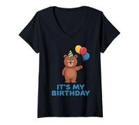 Womens It's My Birthday Bear V-Neck T-Shirt