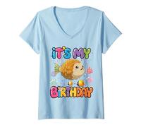 Women's It's My Birthday Cute and Round Pufferfish V-Neck T-Shirt
