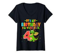 Womens It's My Birthday I'm Turning 4 Cute Dragon 4th Birthday V-Neck T-Shirt
