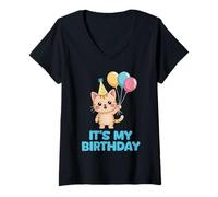Womens It's My Birthday Kawaii Cat V-Neck T-Shirt