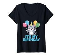 Womens It's My Birthday Kawaii Cat V-Neck T-Shirt