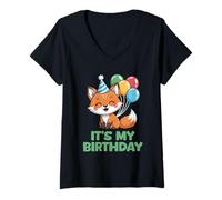 Womens It's My Birthday Kawaii Fox V-Neck T-Shirt