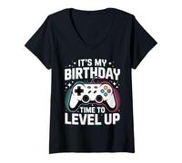 Womens It's My Birthday Time To Level Up Video Game Gift Boys Girls V-Neck T-Shirt