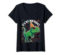 Womens It's My Birthday Trex Rwar Dino Mite Birthday Boy Girl V-Neck T-Shirt