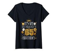 Womens It's My Husband's 65th Birthday Happy Birthday 65 Years Old V-Neck T-Shirt