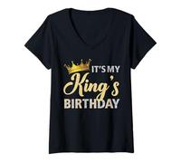 Womens It's My King's Birthday Couples Matching B-Day Party for Him V-Neck T-Shirt