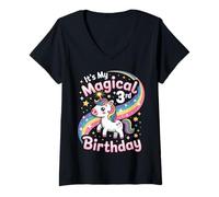 Womens It's My Magical 3rd Birthday 3 Years Old Unicorn Birthday V-Neck T-Shirt