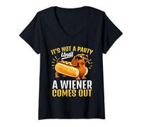 Women's It's Not A Party Until A Wiener Comes Out Funny Dachshund V-Neck T-Shirt